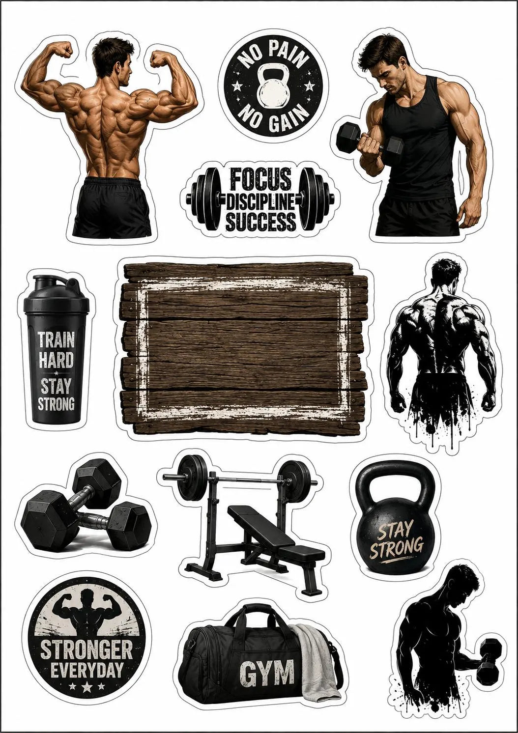 Edible fitness cake topper design with bodybuilders, gym equipment and a blank message panel.