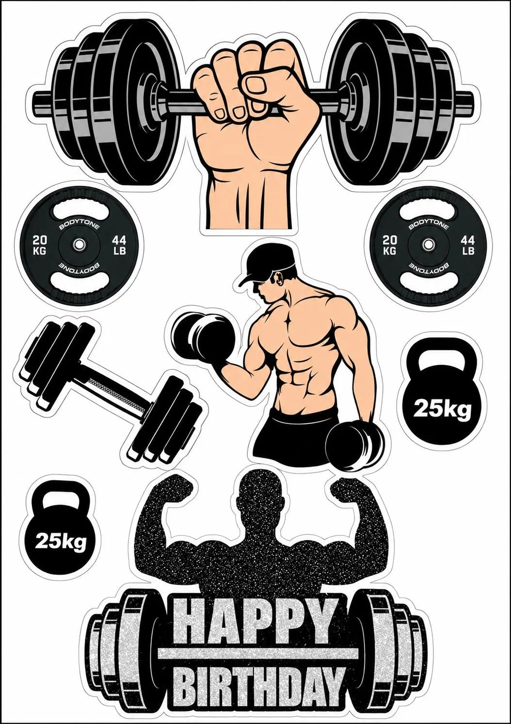 Edible gym cake topper design with barbells, kettlebells, bodybuilders and birthday lettering.