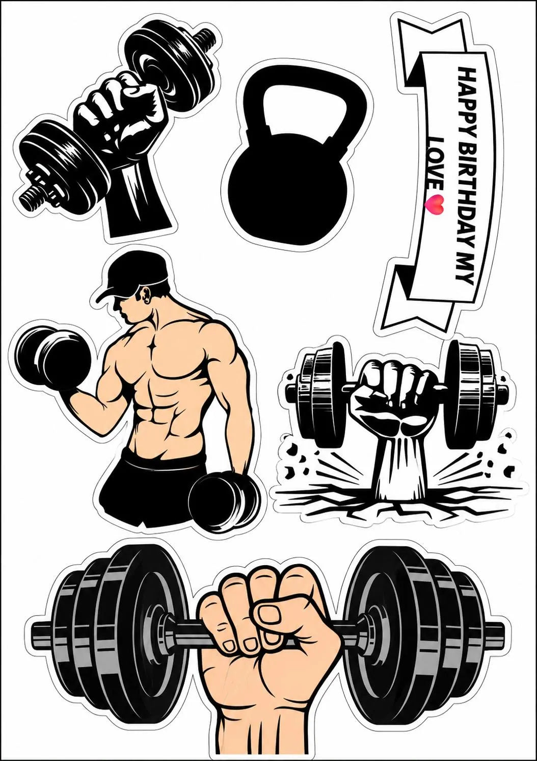 Edible bodybuilding cake topper design with weights, kettlebell and a muscular figure.