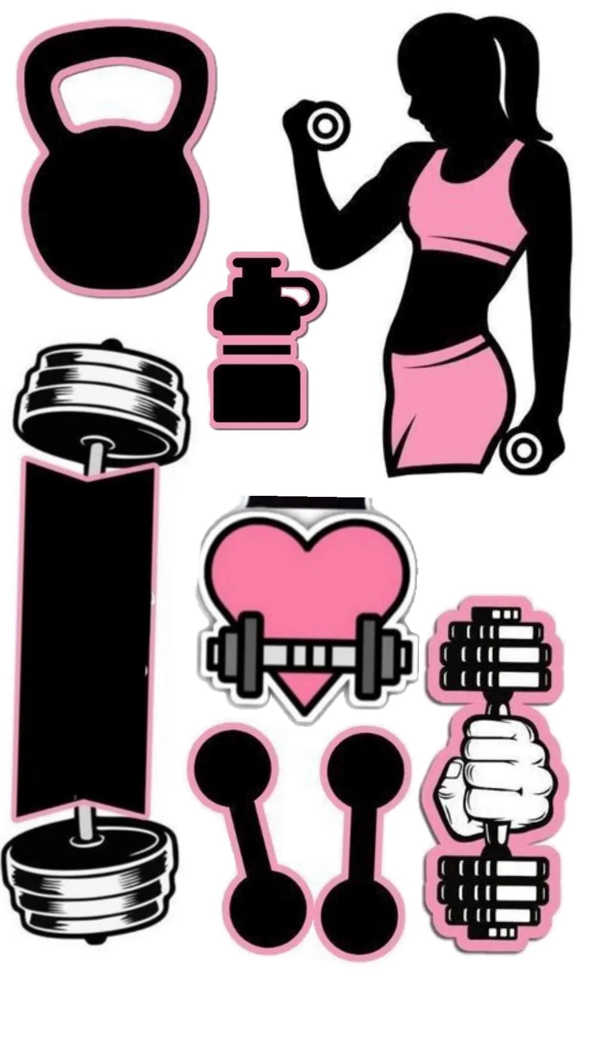 Pink and black edible fitness cake topper design with a woman, gym weights and shaker.