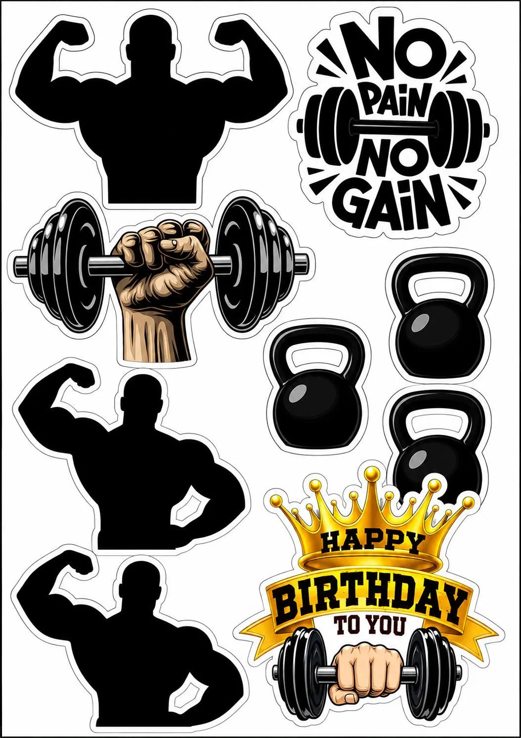 Edible bodybuilding cake topper design with muscular silhouettes, weights and birthday lettering.