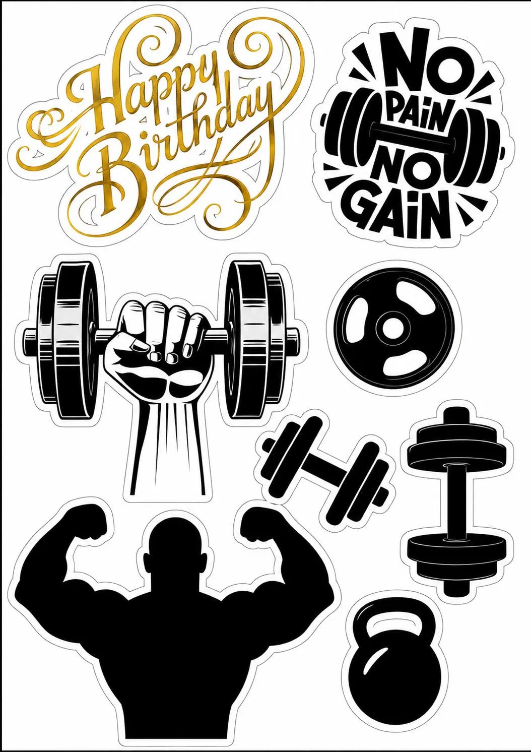 Black and gold edible gym cake topper design with weights and birthday lettering.