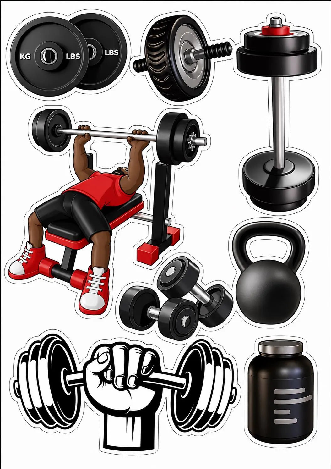 Edible gym equipment cake topper design with dumbbells, kettlebells and a workout bench.