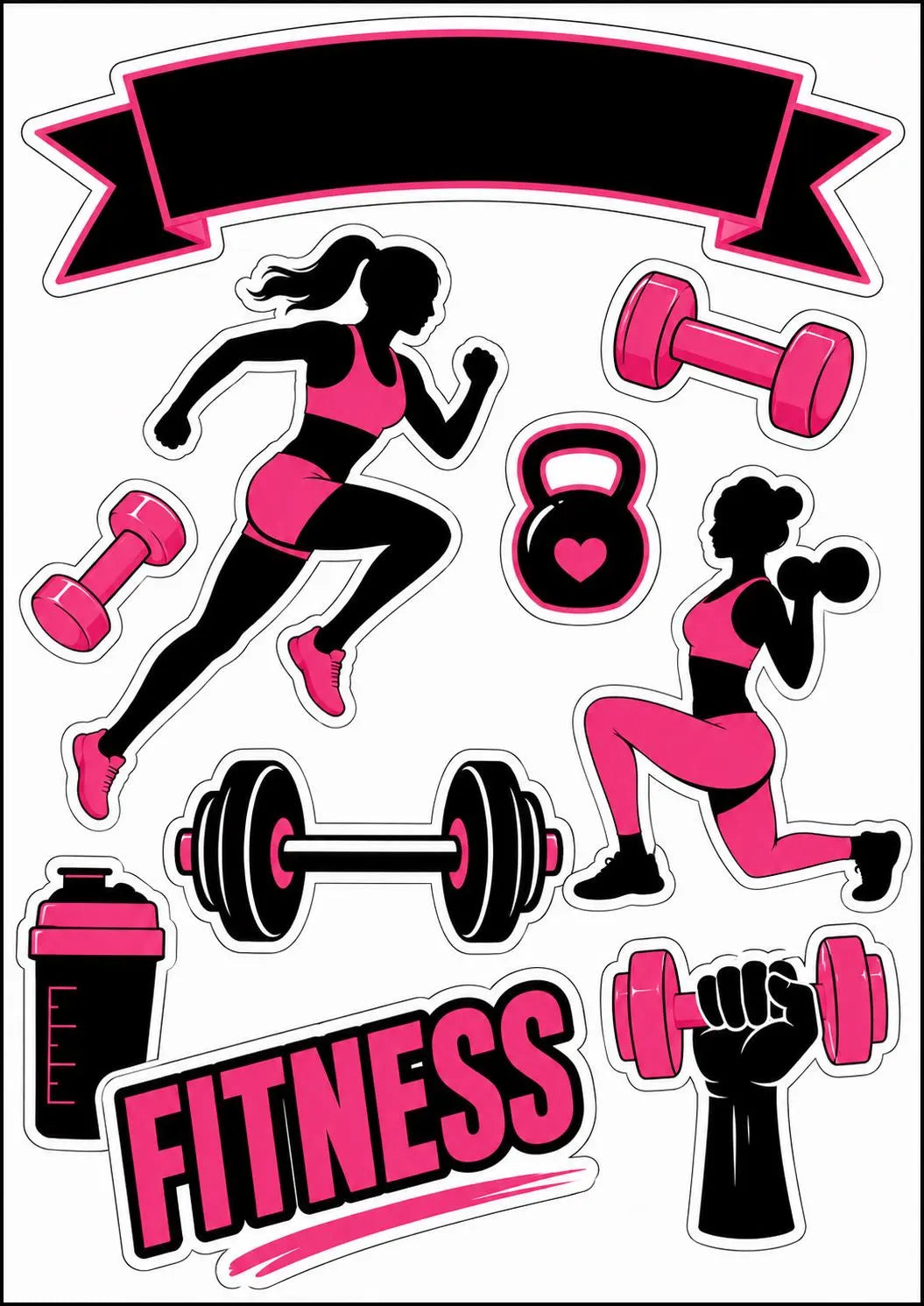Edible pink gym cake topper design with workout figures, weights and fitness lettering.