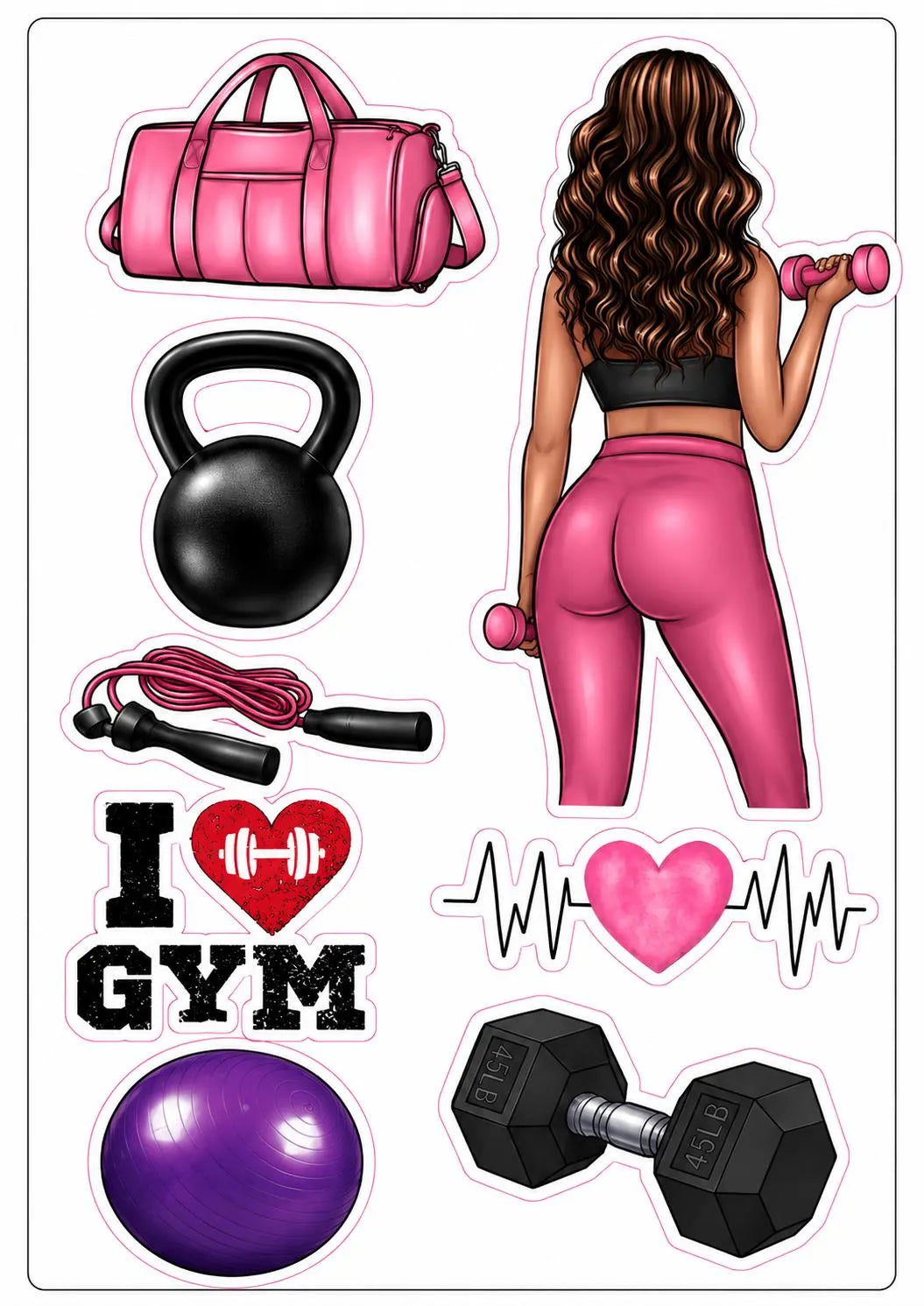 Edible gym cake topper design with a woman in pink sportswear, gym bag and weights.