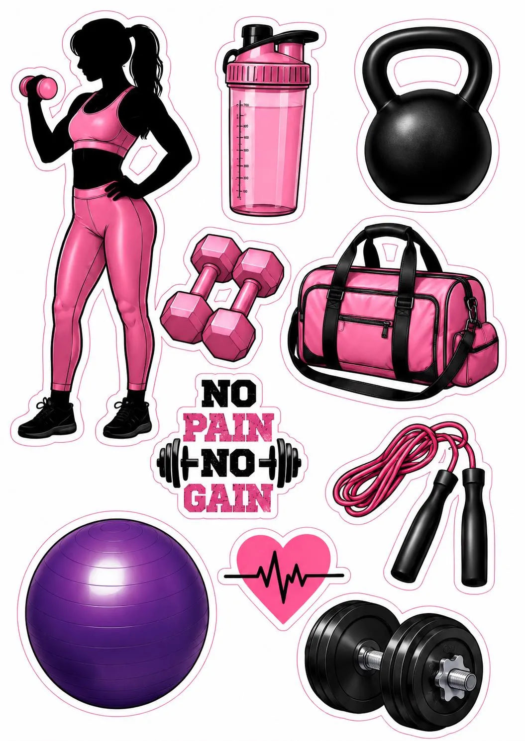 Pink edible fitness cake topper design with workout women, shaker, kettlebell and exercise ball.