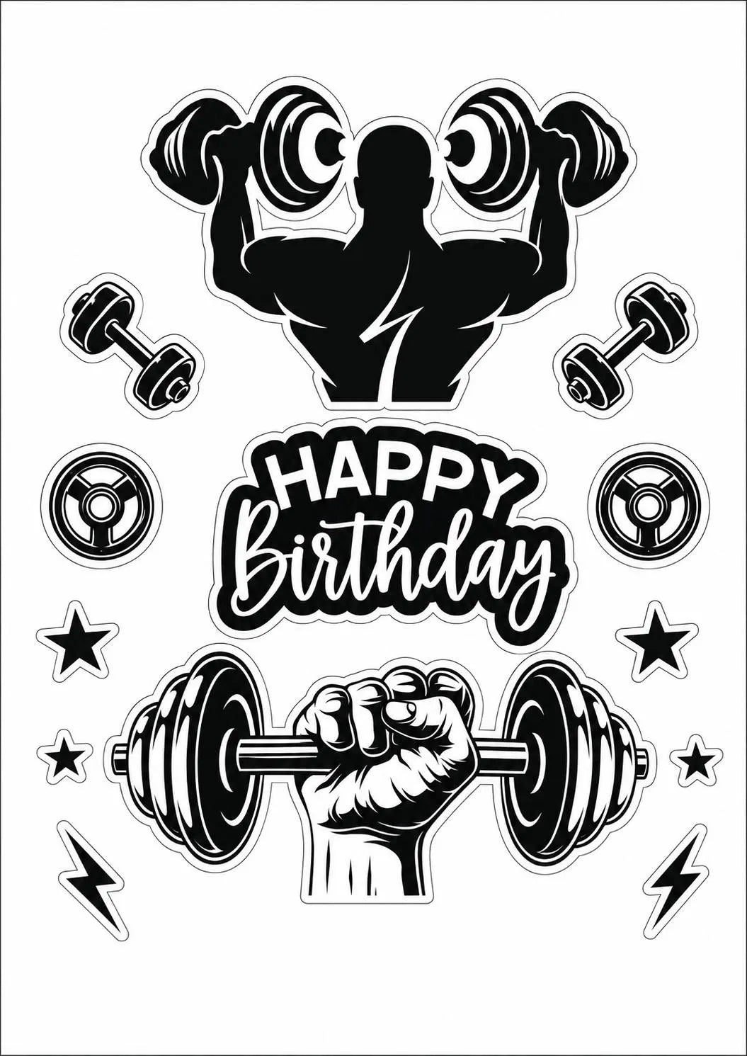 Black and white edible bodybuilding cake topper design with weights and birthday lettering.