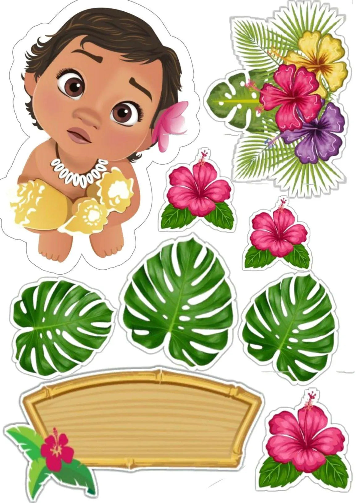 Edible Hawaiian cake topper sheet with a baby island girl, hibiscus flowers, green leaves and a wooden banner.
