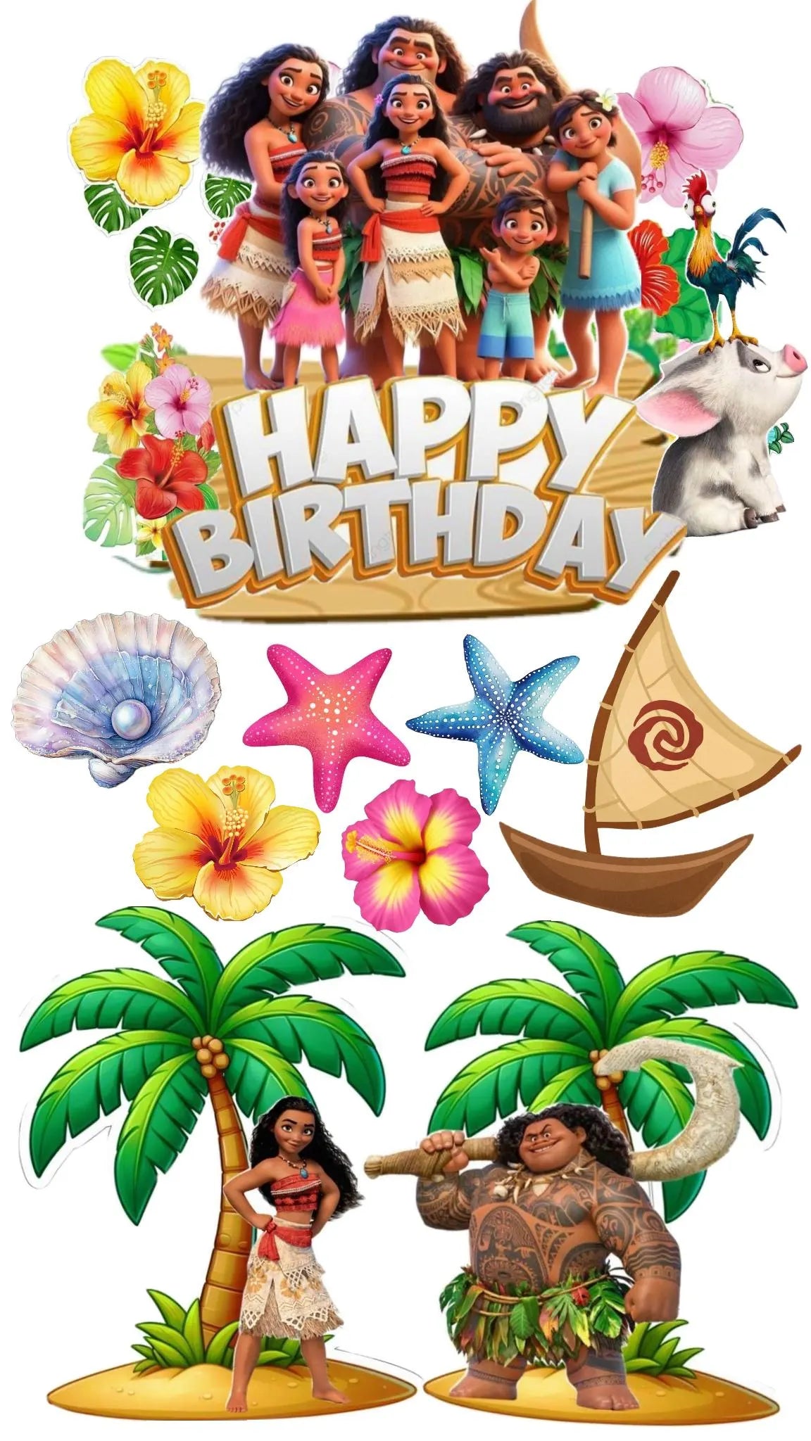 Edible island princess cake topper sheet with characters, a Happy Birthday sign, shells and tropical flowers.