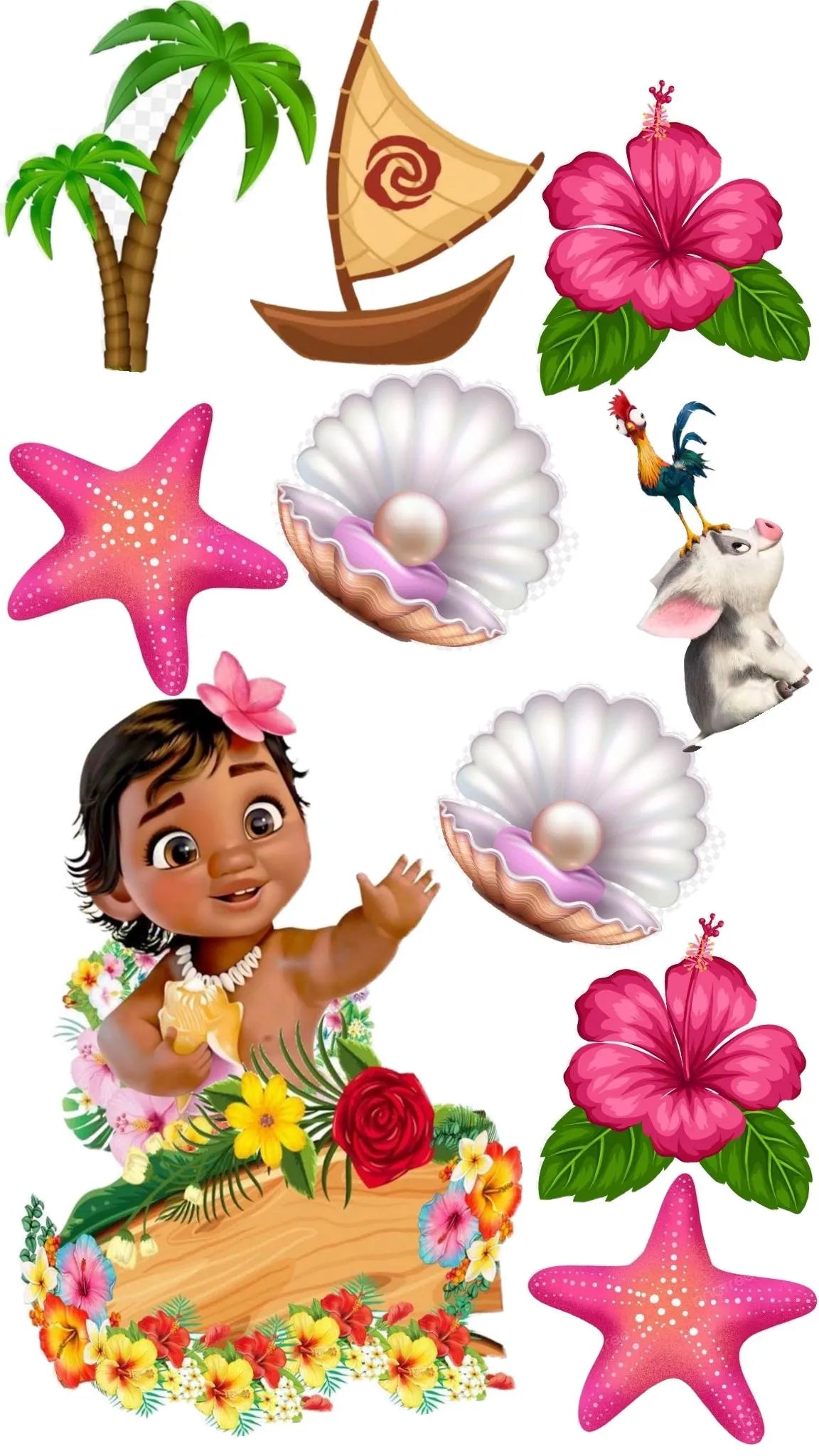 Edible tropical cake topper design with a baby island girl, canoe, palm tree, pink starfish and shells.