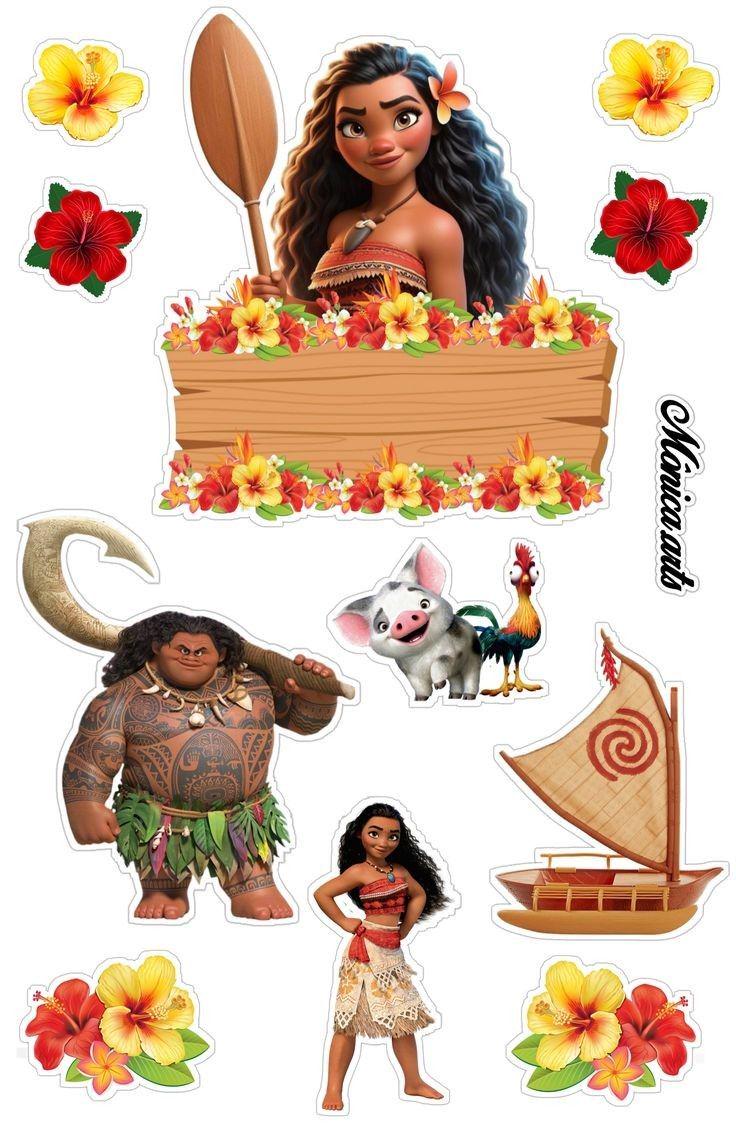 Edible island princess cake topper sheet with Moana, Maui, a floral wooden banner, Pua, Heihei and a boat.