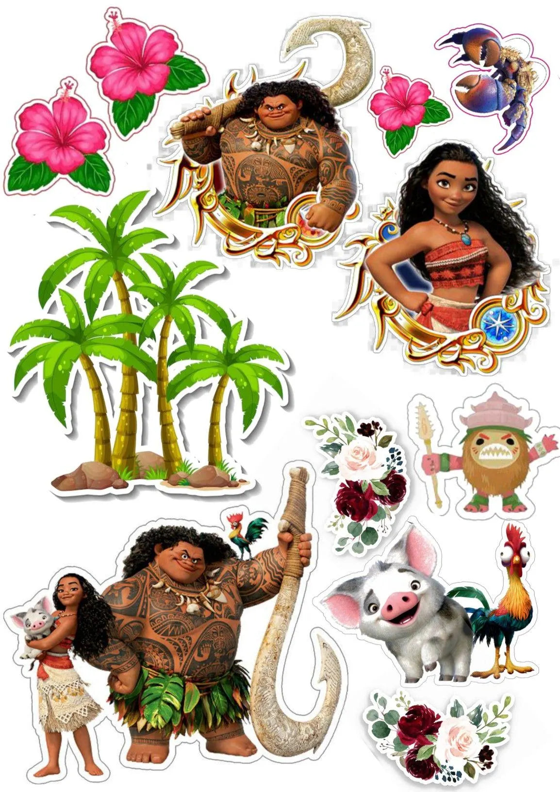 Edible island princess cake topper sheet with Moana, Maui, Pua, Heihei, tropical flowers and palm trees.