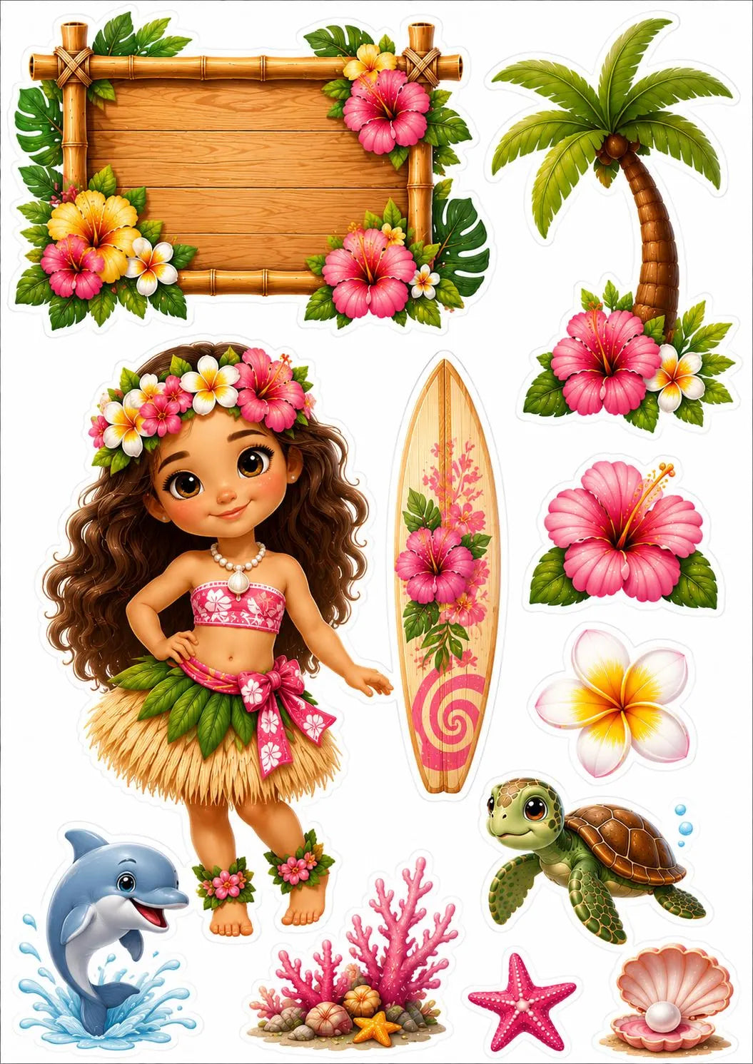 Edible Hawaiian cake topper sheet with a hula girl, surfboard, hibiscus flowers, dolphin and sea turtle.