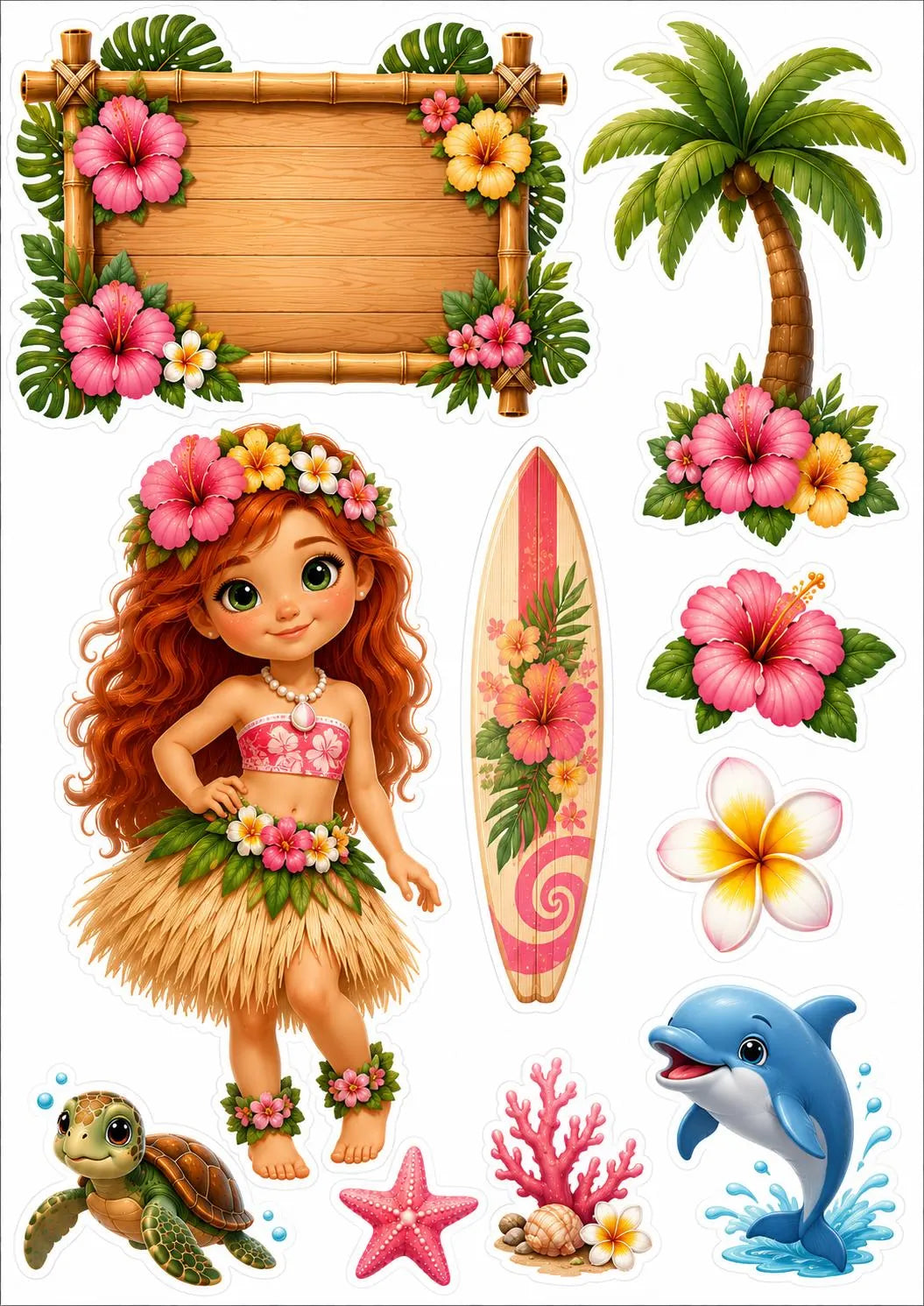 Edible Hawaiian cake topper sheet with a red-haired hula girl, wooden banner, surfboard and dolphin.