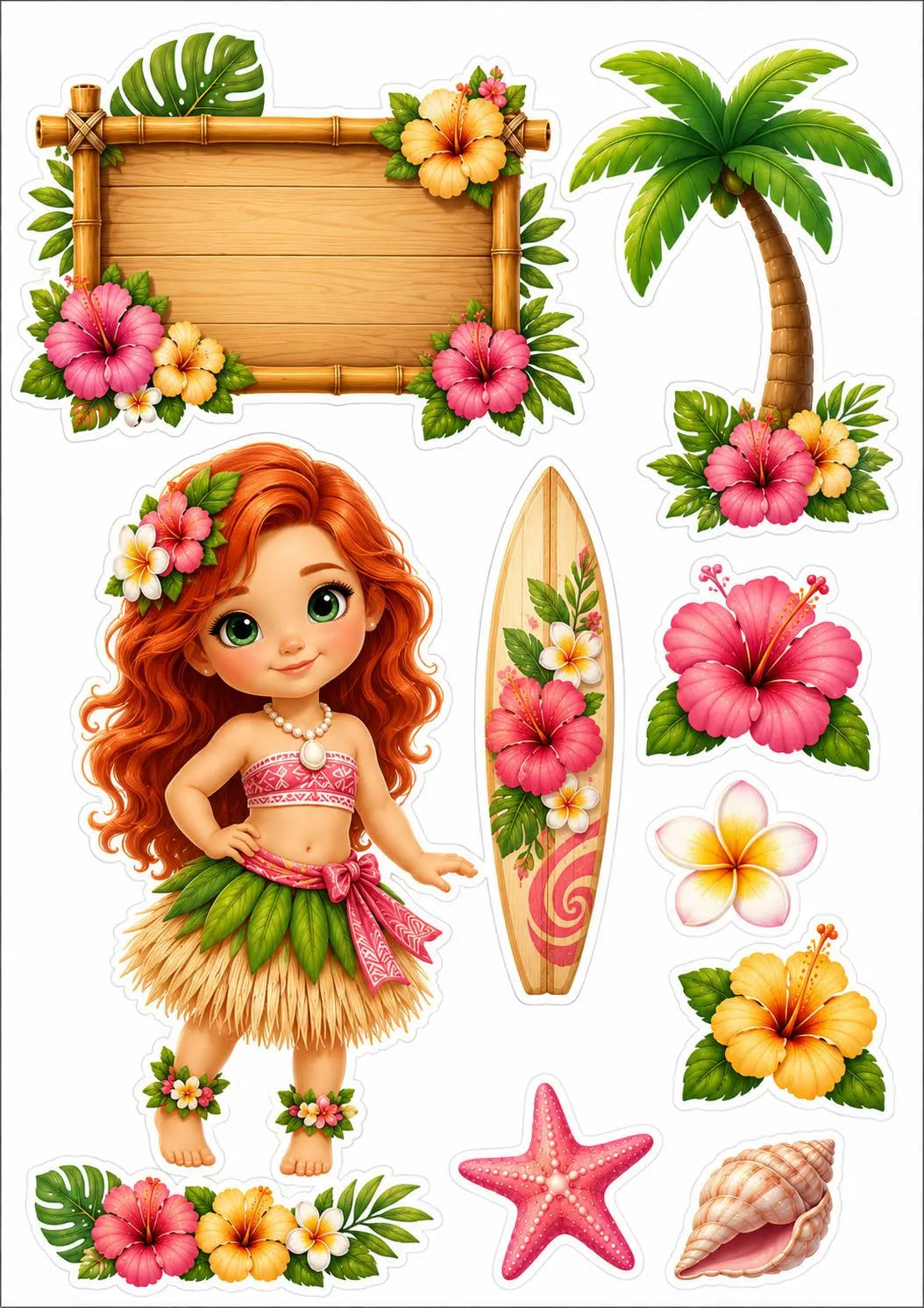 Edible Hawaiian cake topper sheet with a red-haired hula girl, surfboard, flowers, starfish and shell.