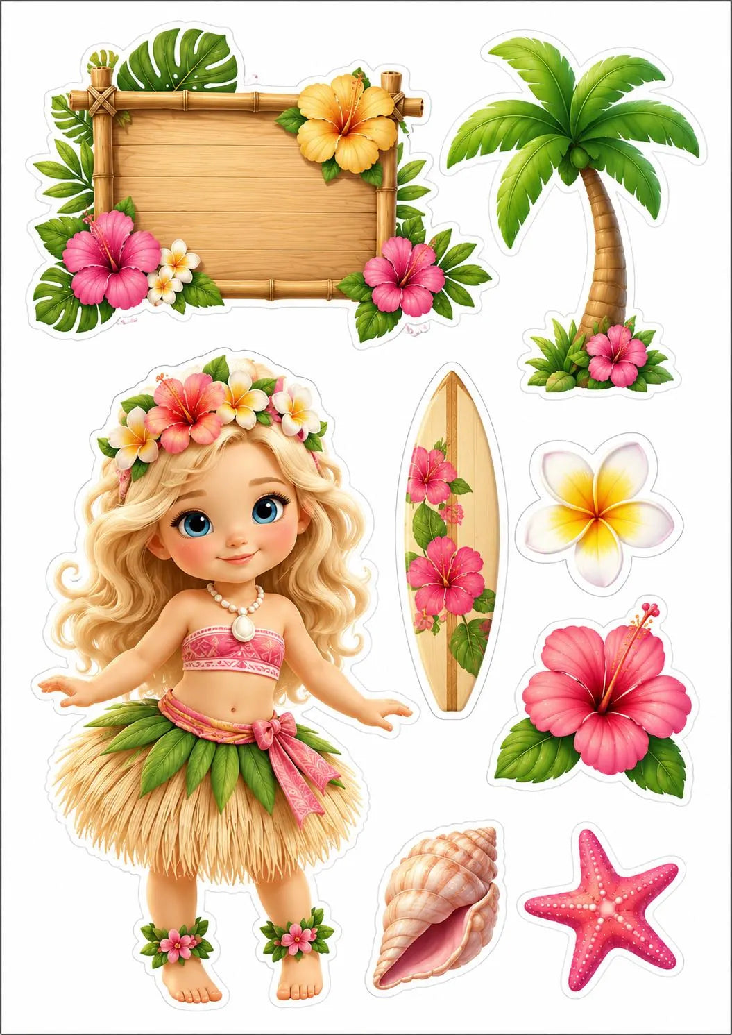 Edible Hawaiian cake topper sheet with a blonde hula girl, surfboard, tropical flowers and shells.
