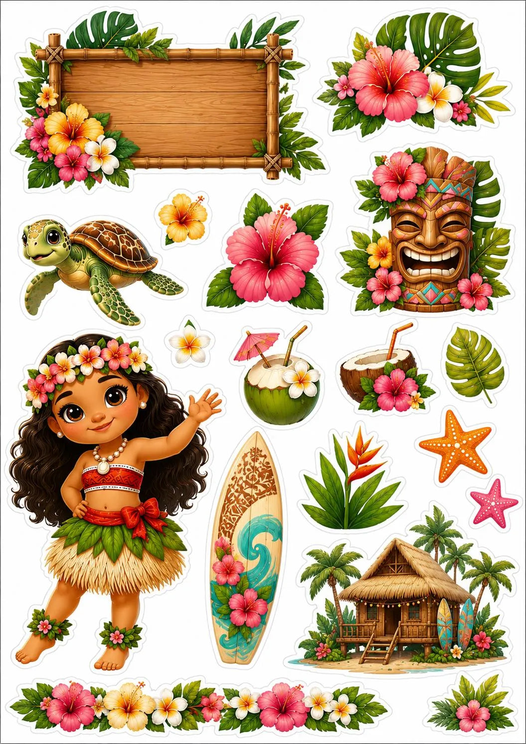 Edible Hawaiian cake topper sheet with a dark-haired hula girl, tiki mask, turtle, hut and surfboard.