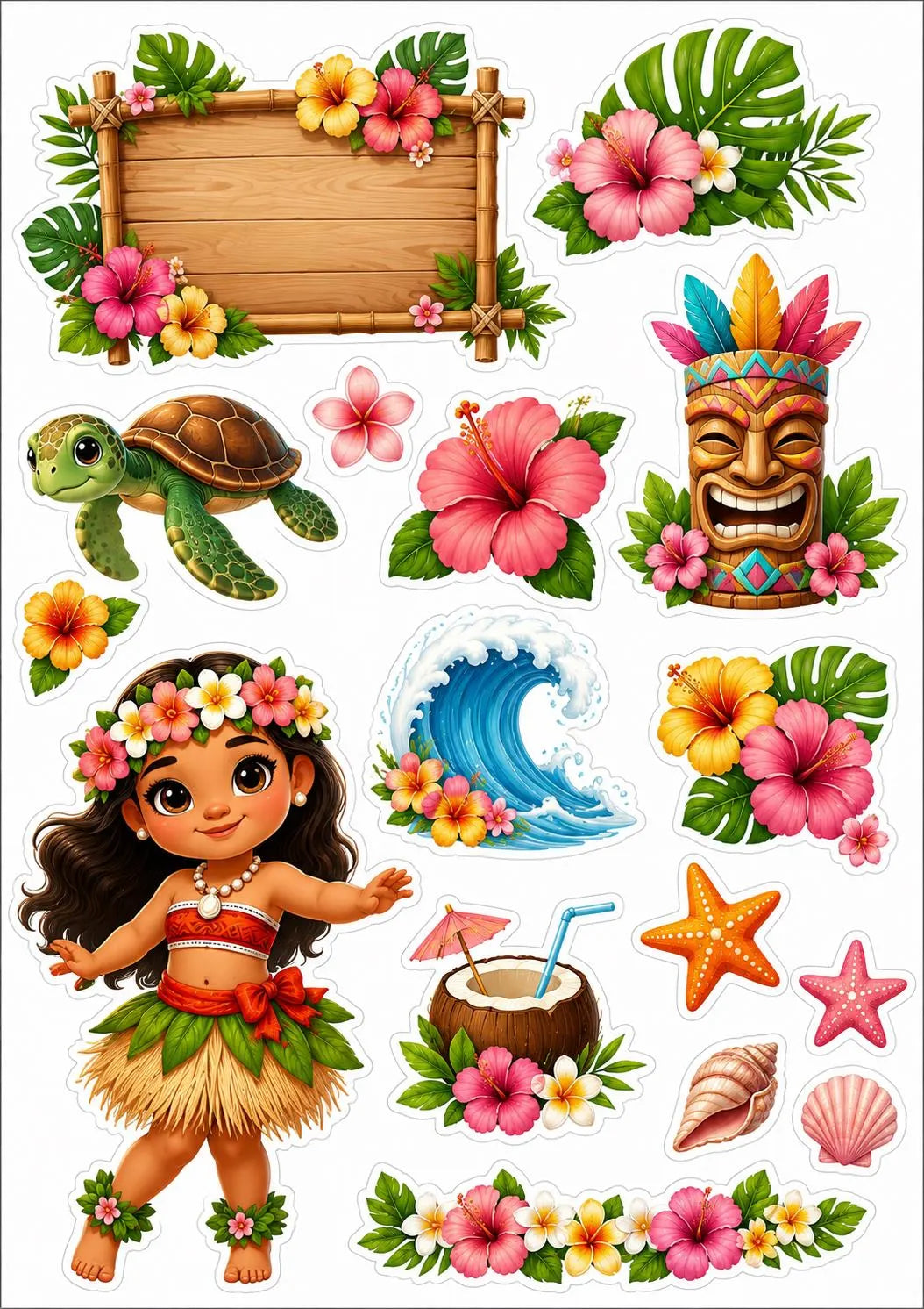 Edible Hawaiian cake topper sheet with a hula girl, tiki mask, sea turtle, wave and coconut.