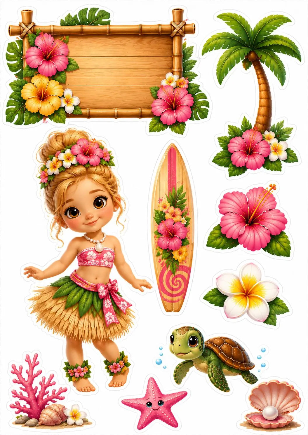 Edible Hawaiian cake topper sheet with a hula girl, flower crown, surfboard, sea turtle and shells.