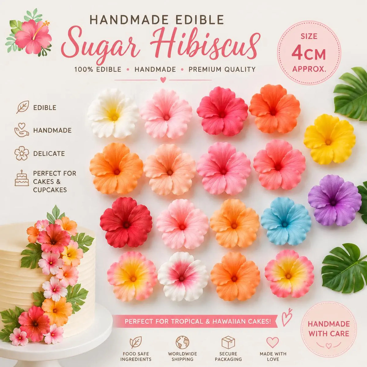 Handmade edible hibiscus sugar flowers for tropical cake decoration, image 1.