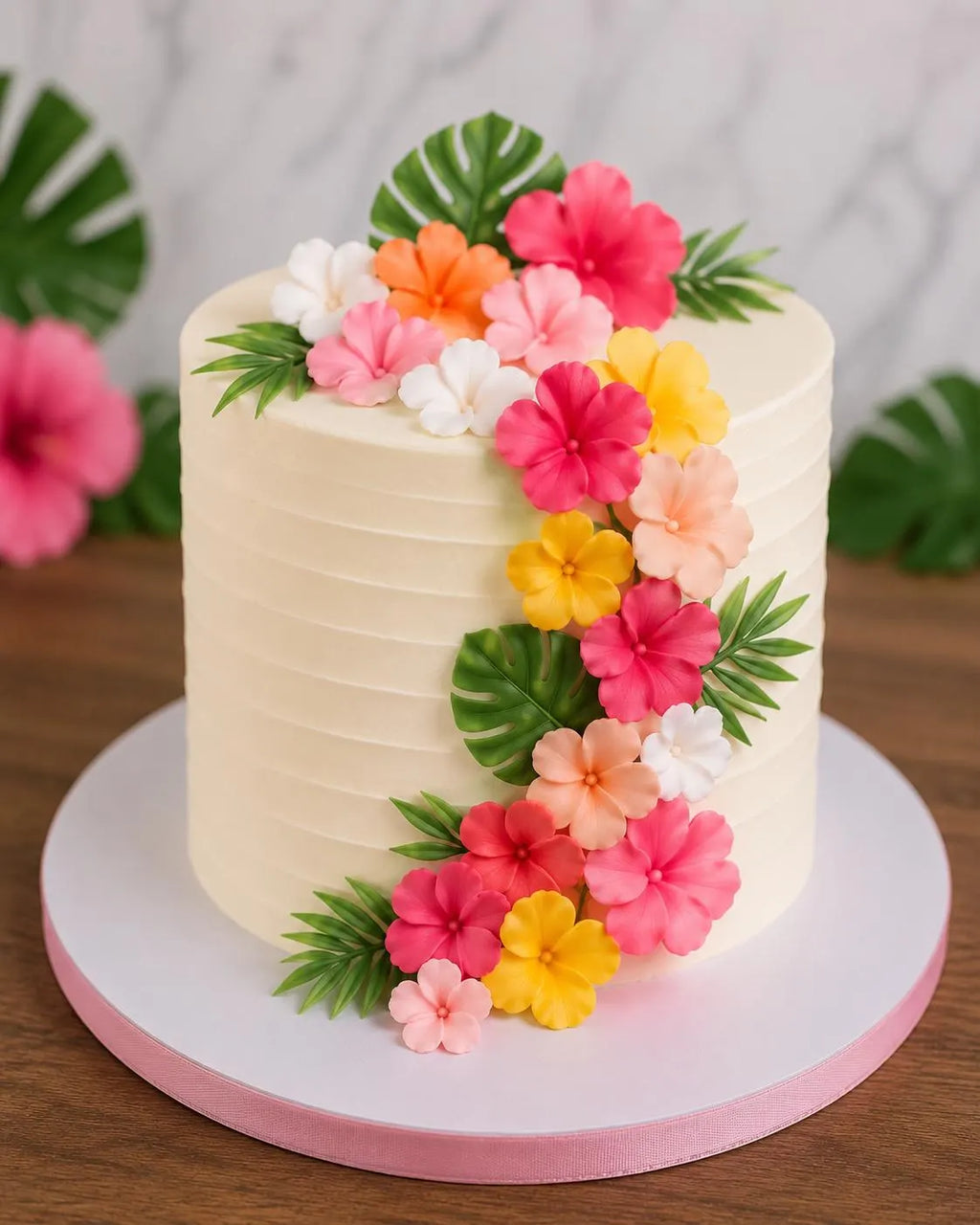 Handmade edible hibiscus sugar flowers for tropical cake decoration, image 3.
