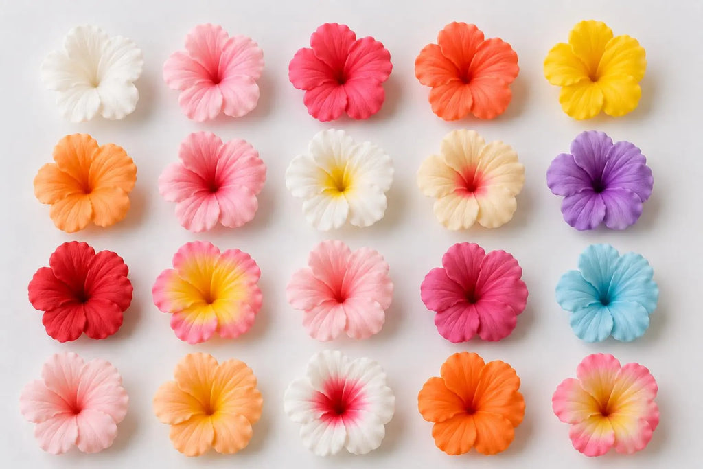 Handmade edible hibiscus sugar flowers for tropical cake decoration, image 4.
