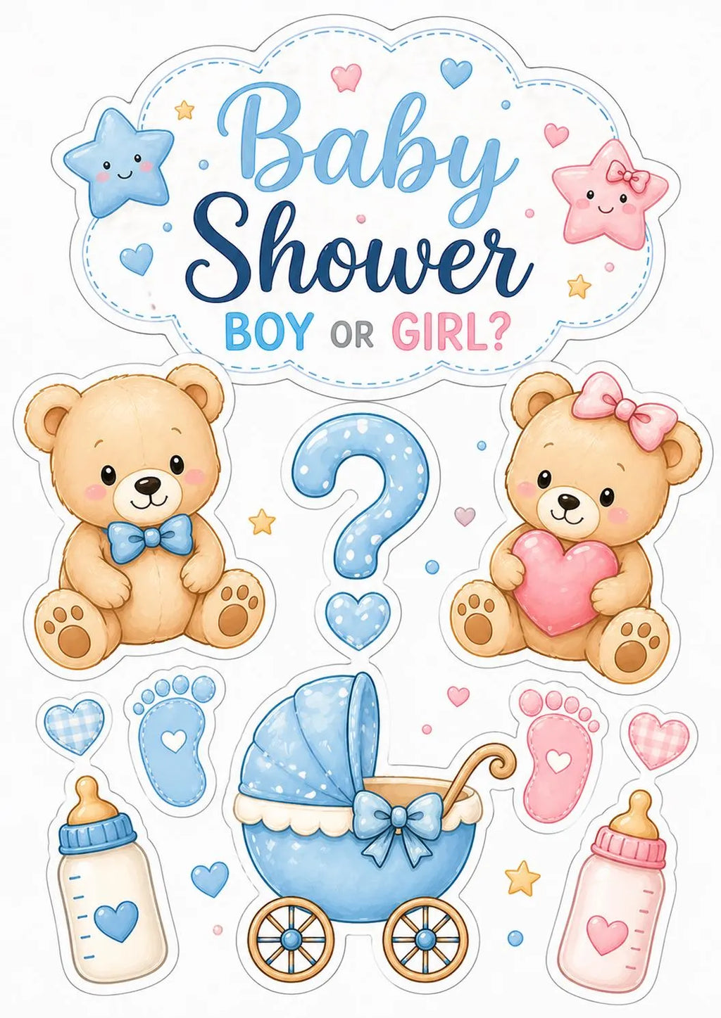 Baby shower boy or girl edible cake topper, design 1, printed on wafer paper or icing sheet.