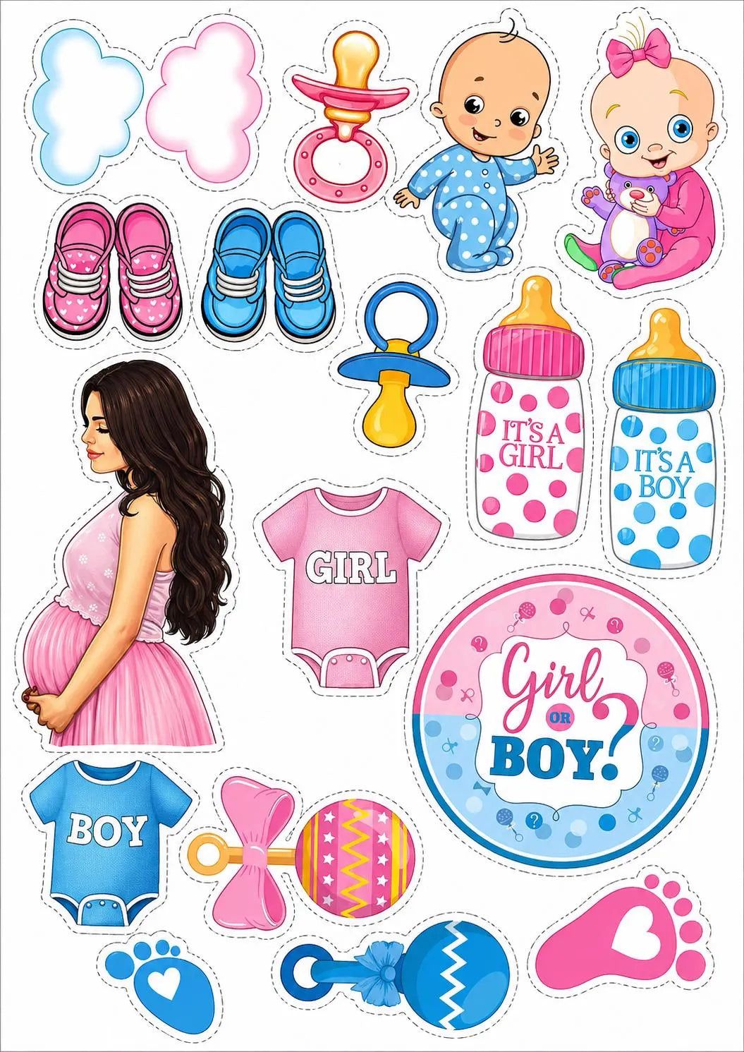 Decoración comestible para tarta de baby shower de niño o niña, diseño 8, en papel de oblea o de azúcar.