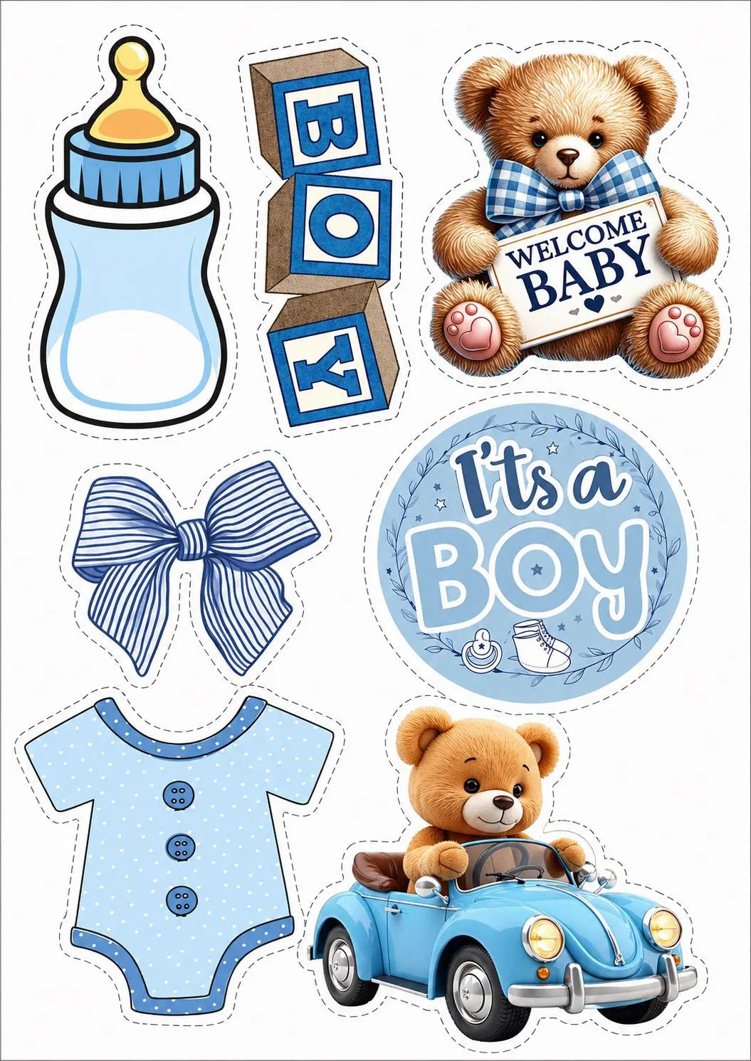 Decoración comestible para tarta de baby shower de niño o niña, diseño 9, en papel de oblea o de azúcar.