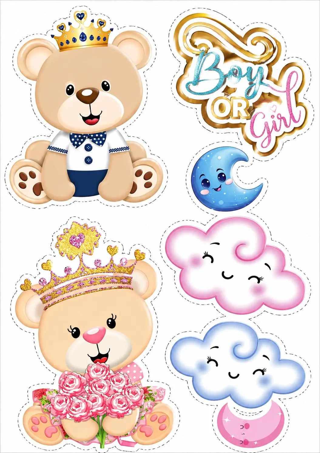 Decoración comestible para tarta de baby shower de niño o niña, diseño 4, en papel de oblea o de azúcar.