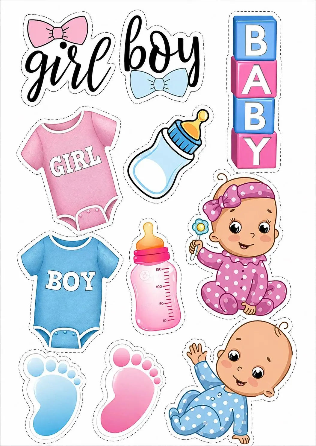 Decoración comestible para tarta de baby shower de niño o niña, diseño 6, en papel de oblea o de azúcar.