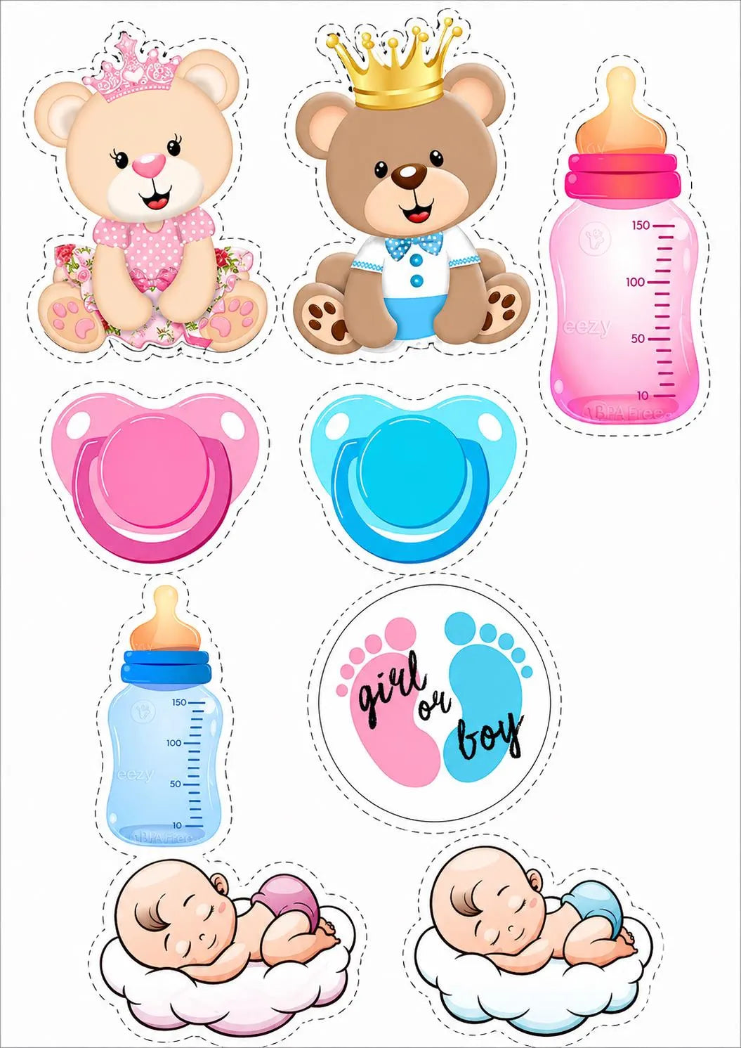 Decoración comestible para tarta de baby shower de niño o niña, diseño 10, en papel de oblea o de azúcar.