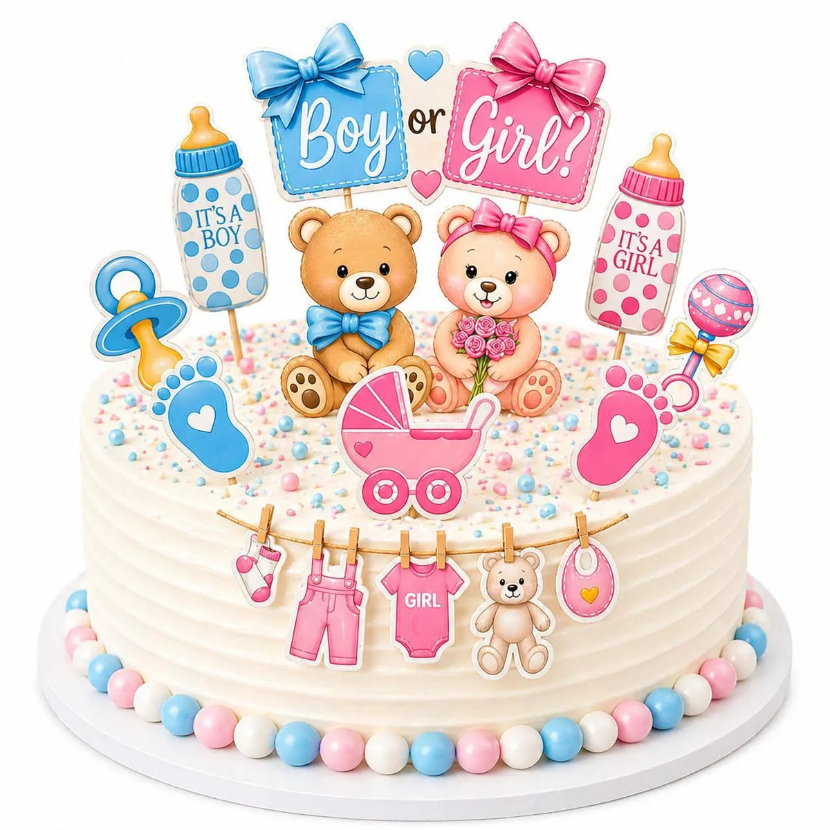 Example baby shower cake decorated with edible boy-or-girl cake topper artwork.