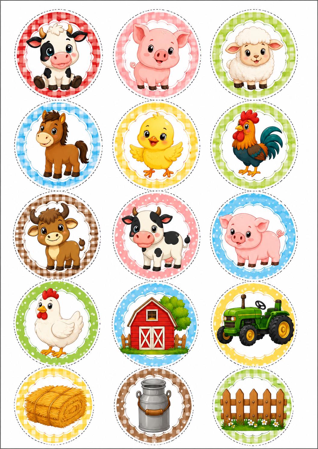 Decoración comestible de animales de granja, diseño 9, para tartas de cumpleaños de temática granjera, en papel de oblea o de azúcar.