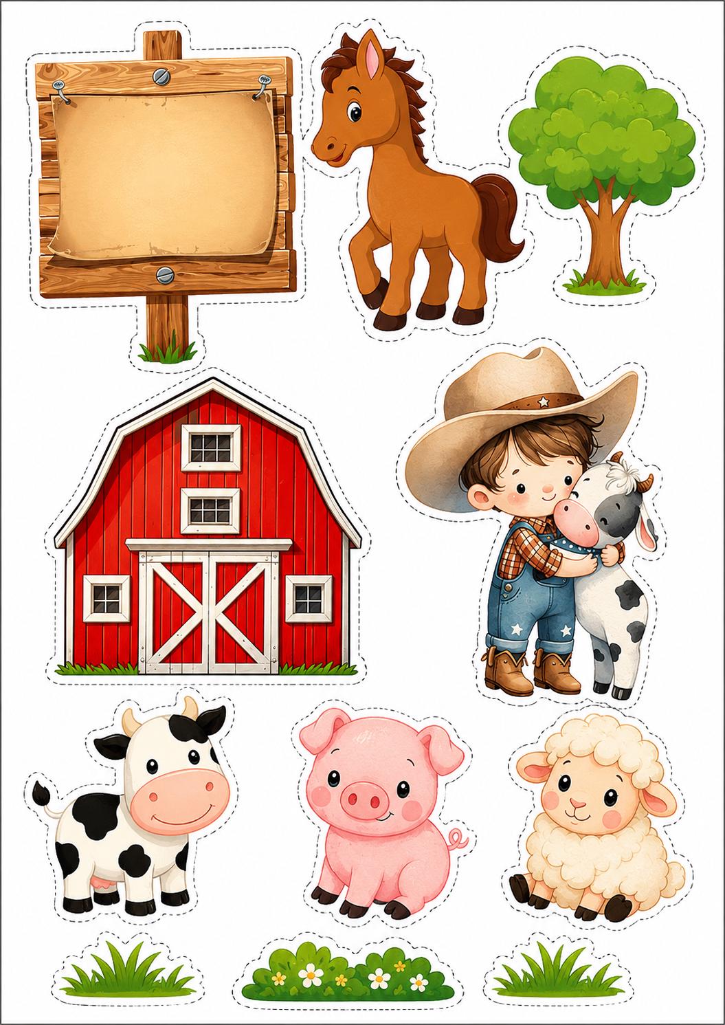 Decoración comestible de animales de granja, diseño 10, para tartas de cumpleaños de temática granjera, en papel de oblea o de azúcar.