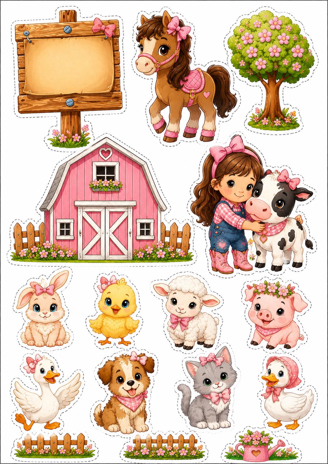 Decoración comestible de animales de granja, diseño 11, para tartas de cumpleaños de temática granjera, en papel de oblea o de azúcar.