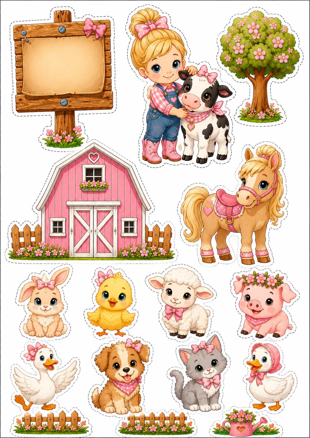 Decoración comestible de animales de granja, diseño 12, para tartas de cumpleaños de temática granjera, en papel de oblea o de azúcar.