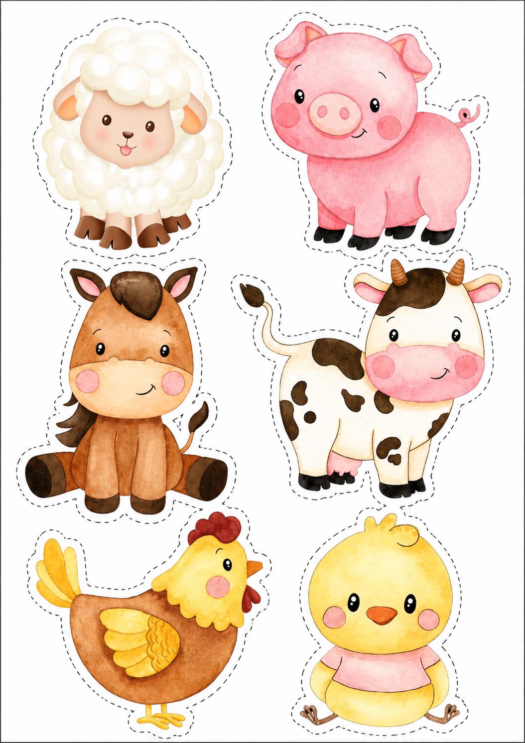 Farm animals edible cake topper design 1 for barnyard birthday cakes, available in wafer paper or icing sheet.