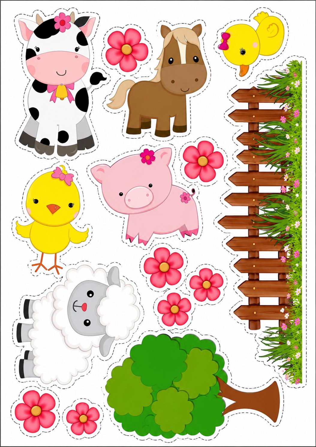 Decoración comestible de animales de granja, diseño 5, para tartas de cumpleaños de temática granjera, en papel de oblea o de azúcar.
