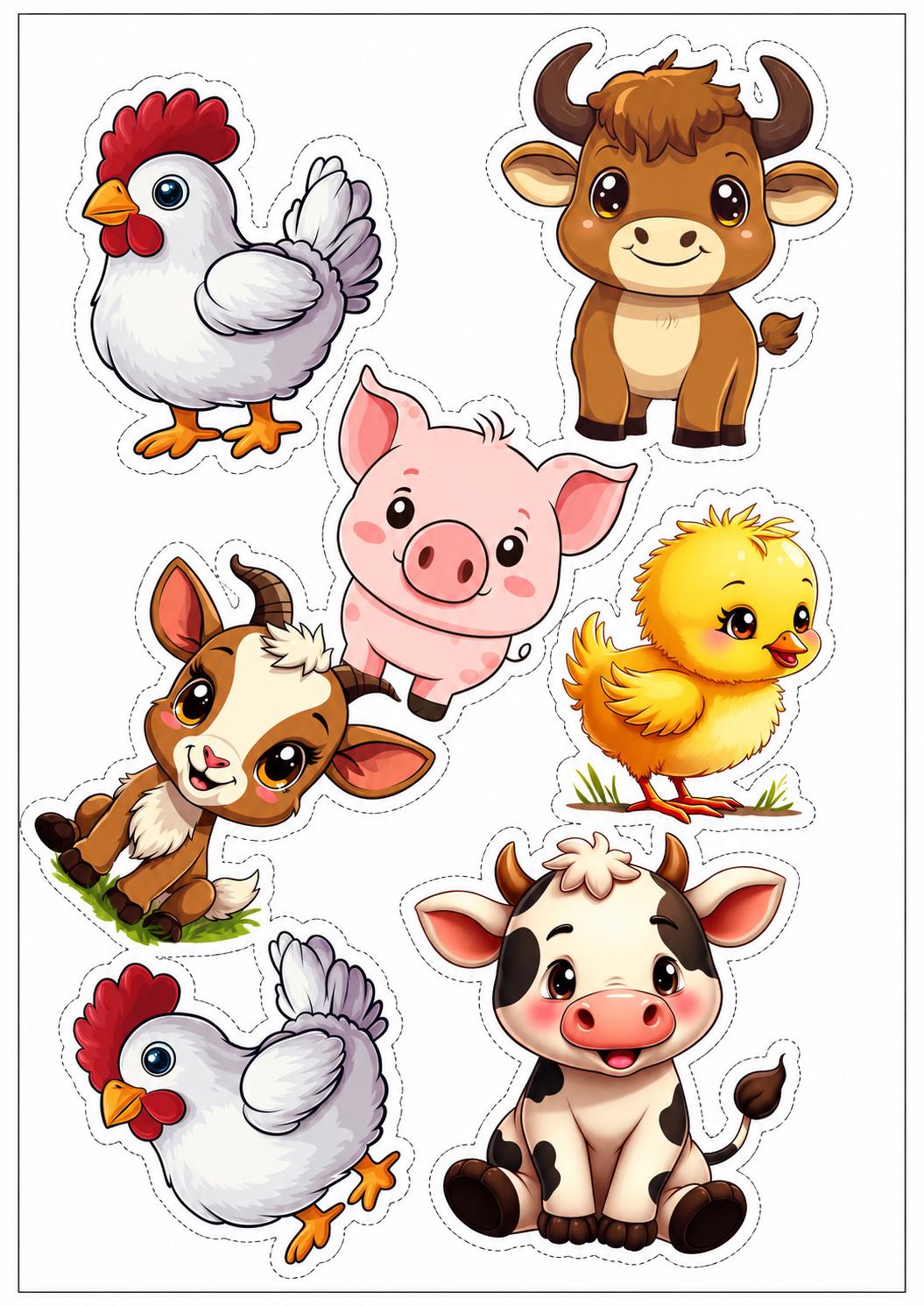 Decoración comestible de animales de granja, diseño 7, para tartas de cumpleaños de temática granjera, en papel de oblea o de azúcar.
