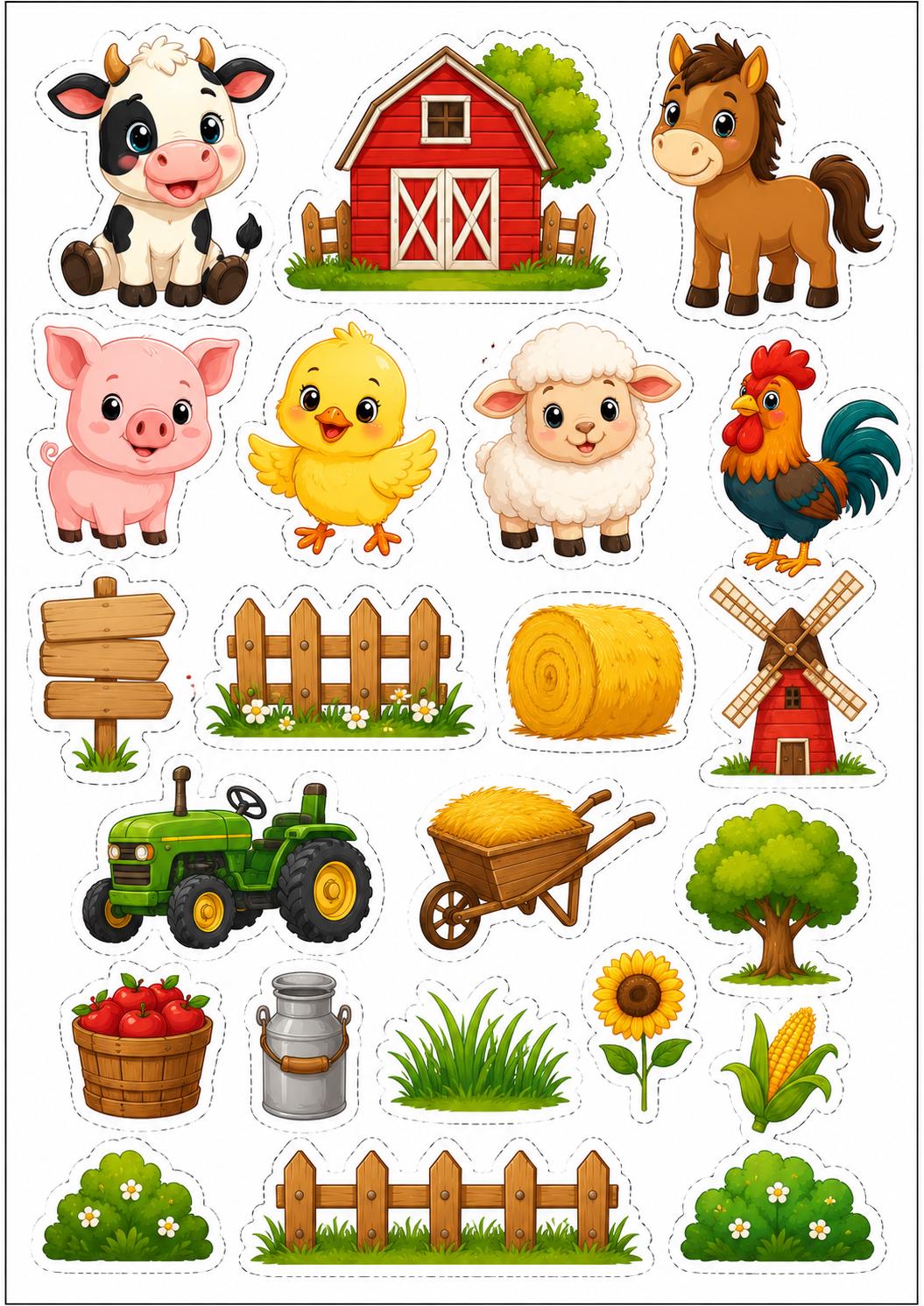 Decoración comestible de animales de granja, diseño 8, para tartas de cumpleaños de temática granjera, en papel de oblea o de azúcar.