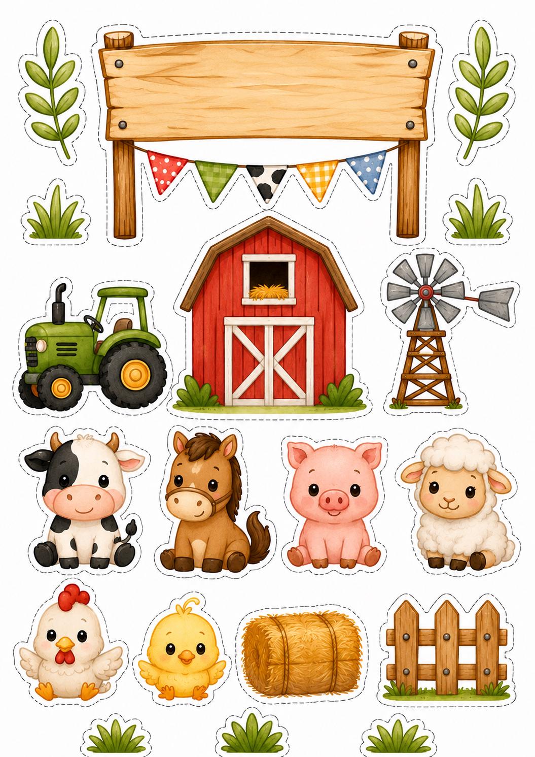 Decoración comestible de animales de granja, diseño 14, para tartas de cumpleaños de temática granjera, en papel de oblea o de azúcar.