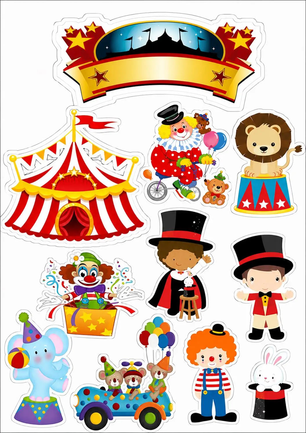 Decoración comestible para tarta de circo y payasos, diseño 6, en papel de oblea o de azúcar.