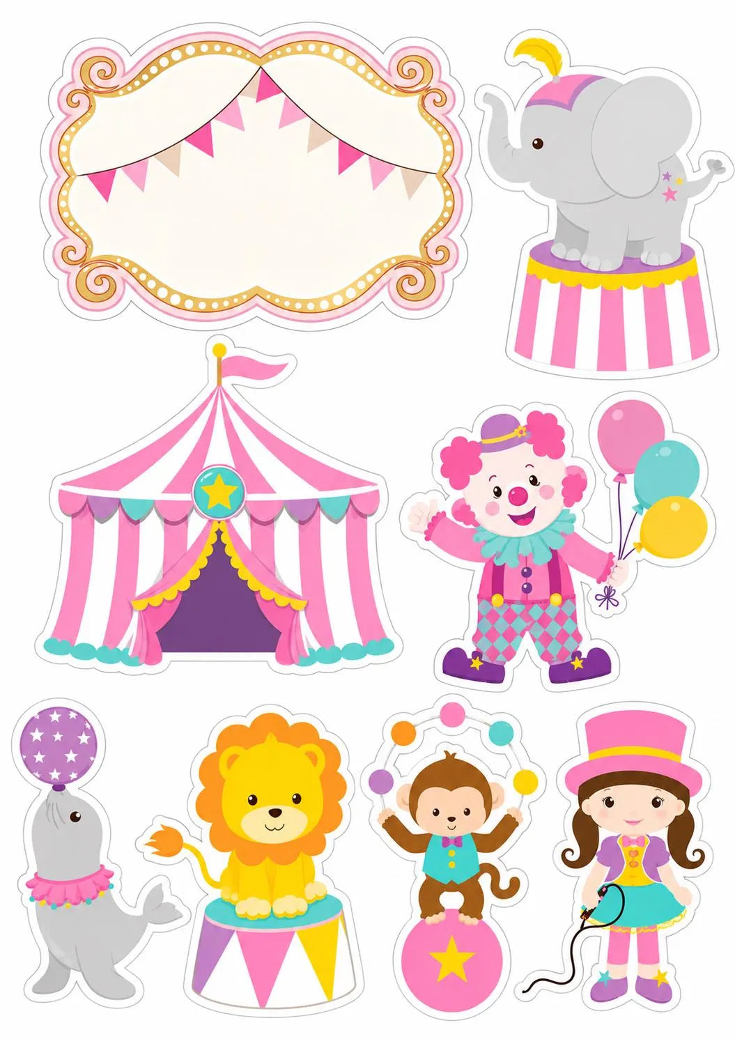 Decoración comestible para tarta de circo y payasos, diseño 7, en papel de oblea o de azúcar.