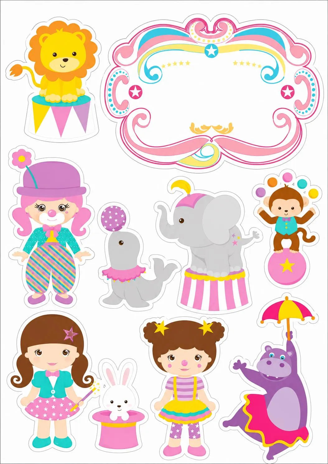 Decoración comestible para tarta de circo y payasos, diseño 8, en papel de oblea o de azúcar.