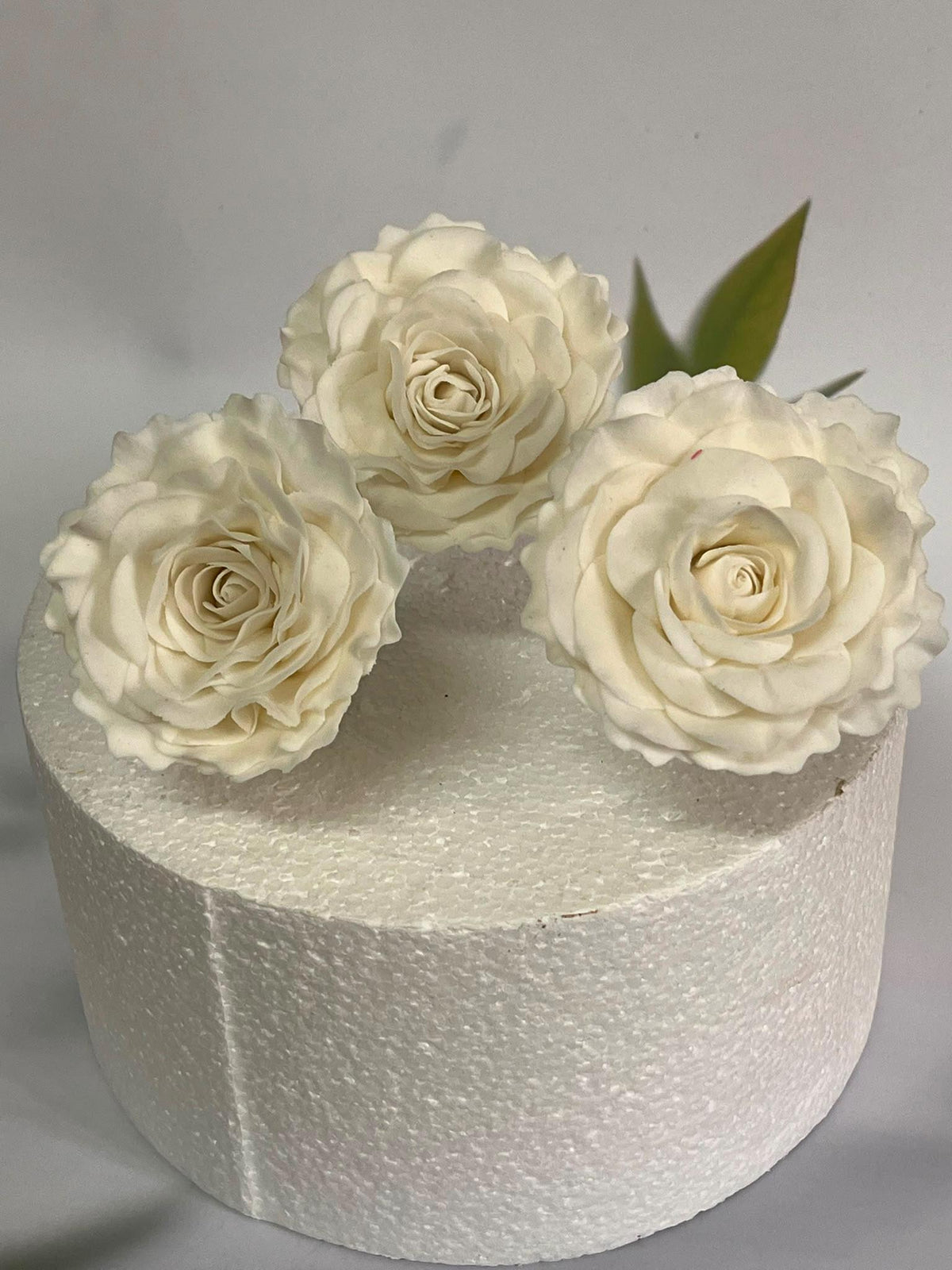 Three ivory sugar roses with green leaves on a white cake.