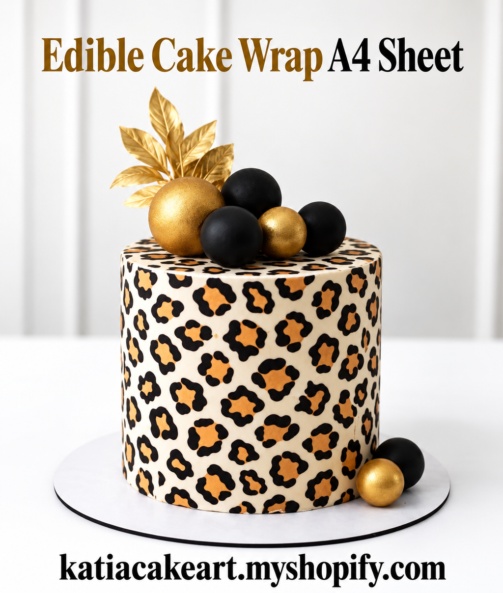 Cake decorated with a leopard print edible A4 cake wrap; promotional image with store address.