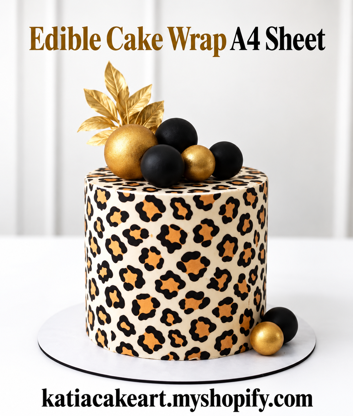 Cake decorated with a leopard print edible A4 cake wrap; promotional image with store address.