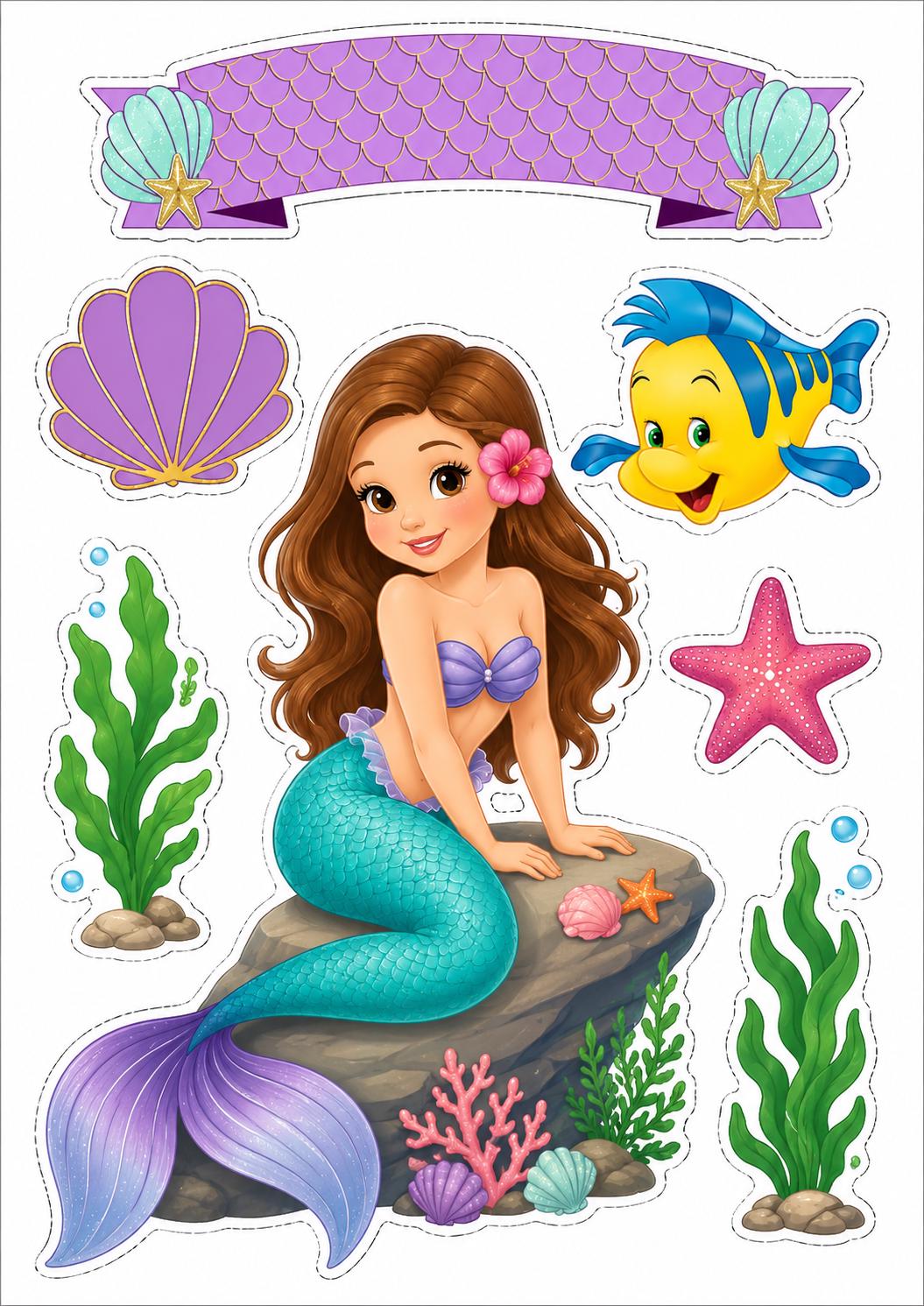 Mermaid edible cake topper design 16, available in wafer paper or icing sheet.