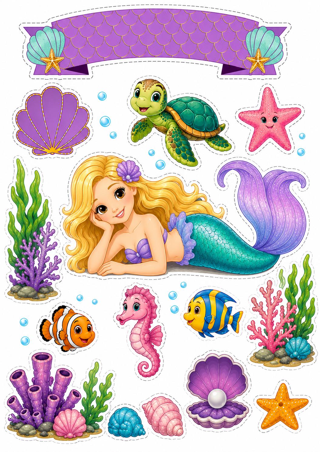 Mermaid edible cake topper design 18, available in wafer paper or icing sheet.